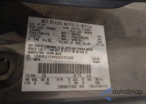 2003 Ford Expedition Xlt from USA, damaged, VIN 1FMRU15W63LC51330